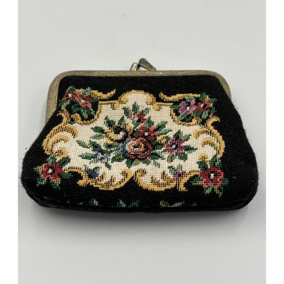 Vintage Floral Needlepoint Tapestry Coin Purse Bag Kiss Lock 4 " - Picture 2 of 7